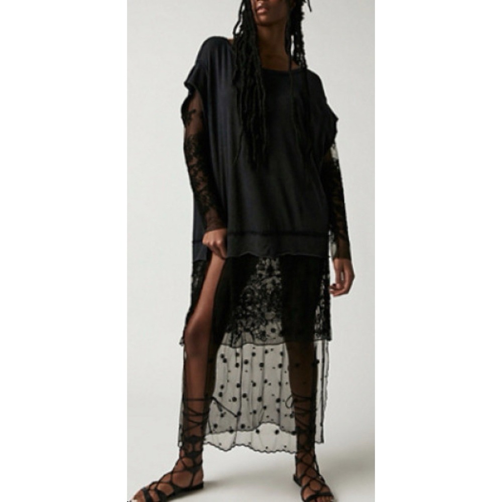 Free People Rock Steady Maxi Top Dress Black L Gothic Grunge Boho Sheer Lace